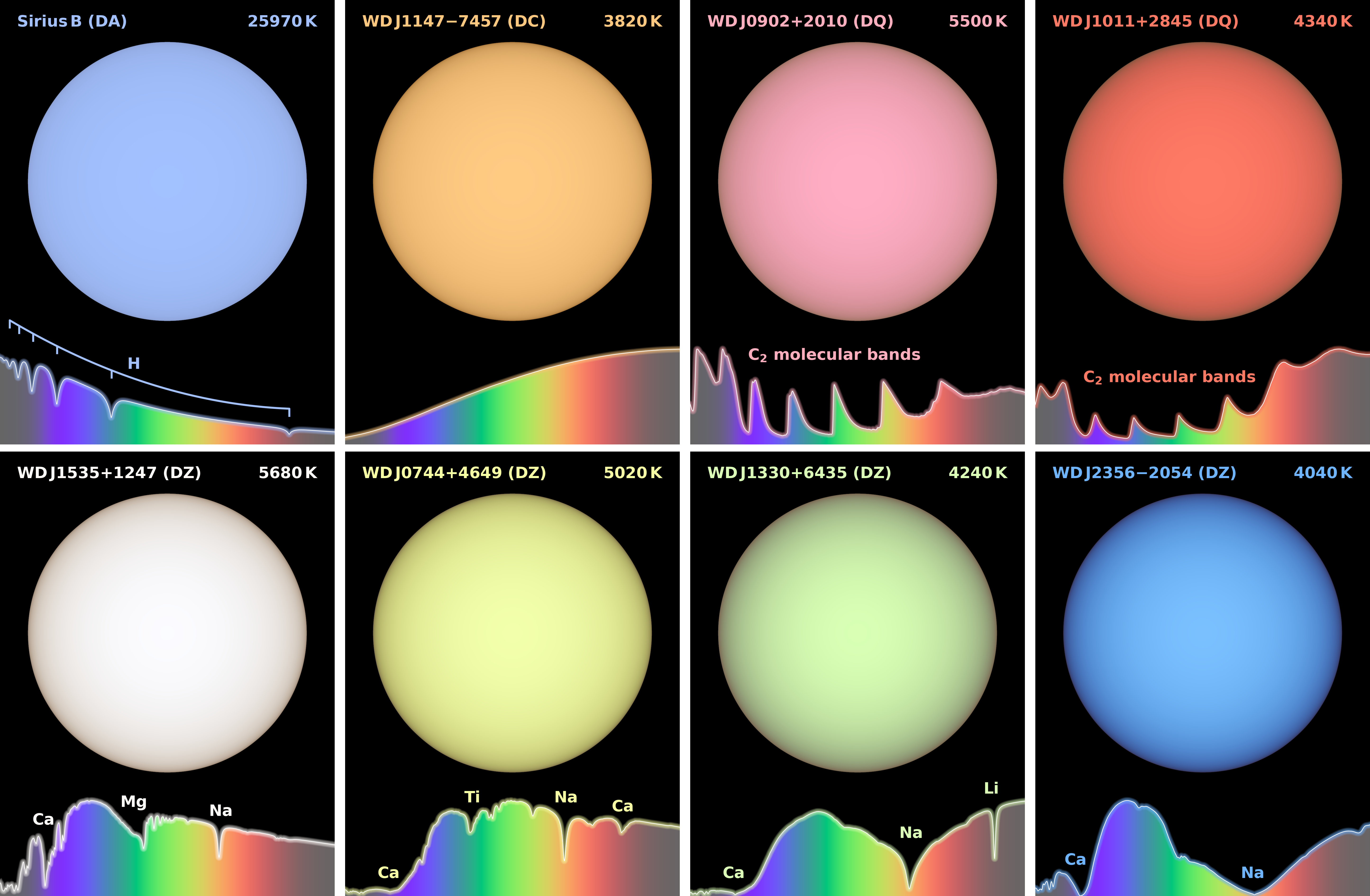 8 colorful white dwarf, as explained in the caption, each showing a color and the spectrum of light below it that show why the peak is at that color. 8 colorful white dwarf, as explained in the caption, each showing a color and the spectrum of light below it that show why the peak is at that color.